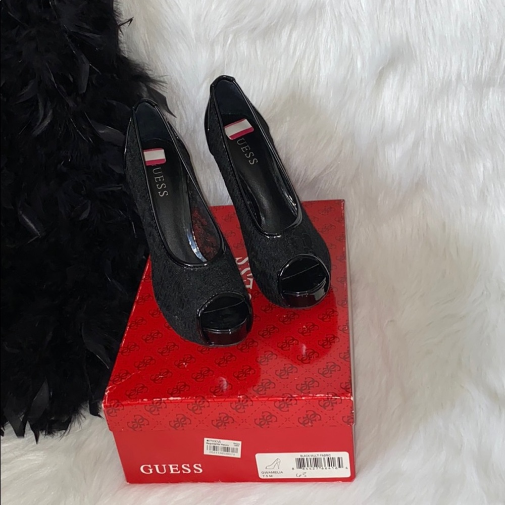Guess Black Lace Peep Toe Heels